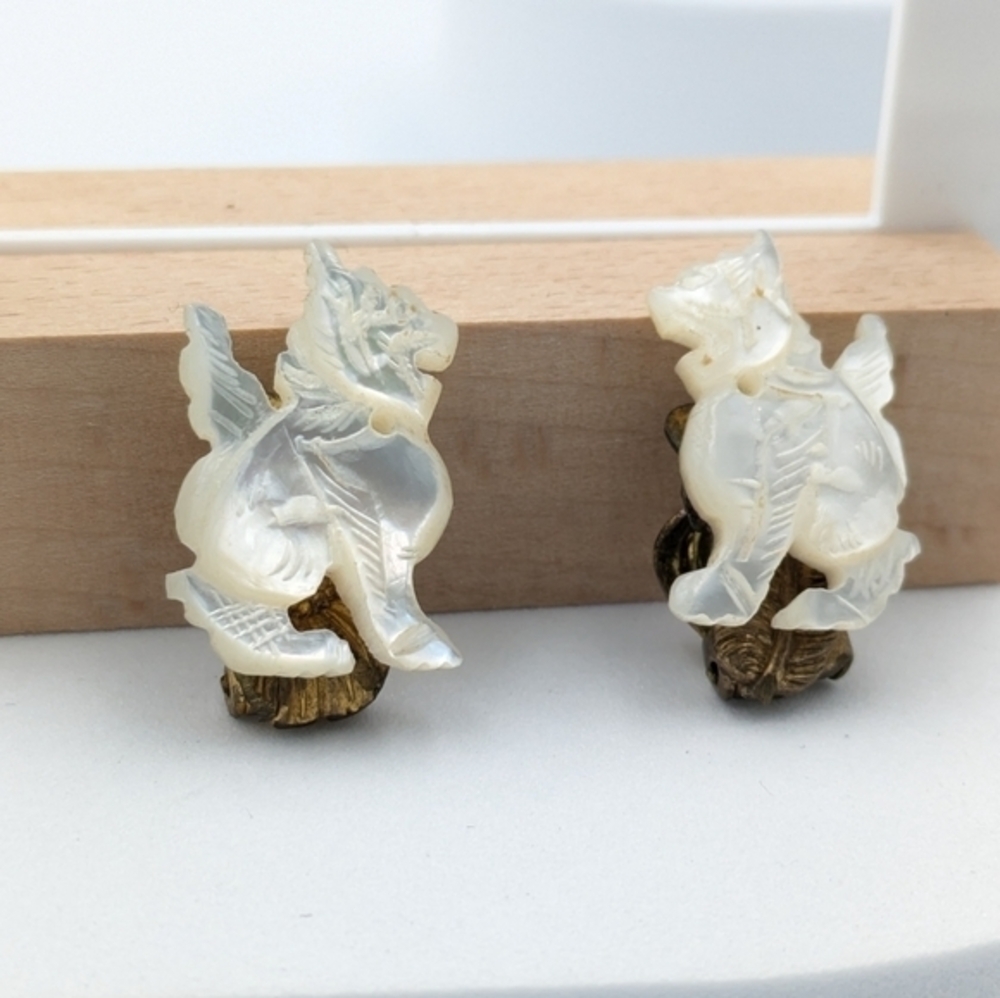 Antique White Opalescent Carved Clip-On Earrings - Picture 2 of 5